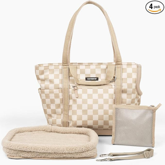 Transit Tote Dog Carrier 4-Piece Set - Premium Lightweight Pet Travel Bag with Plush Teddy Insert, Food Pouch, Air Mesh Opening, Water-Resistant Base & Safety Tether - Medium Checkerboard