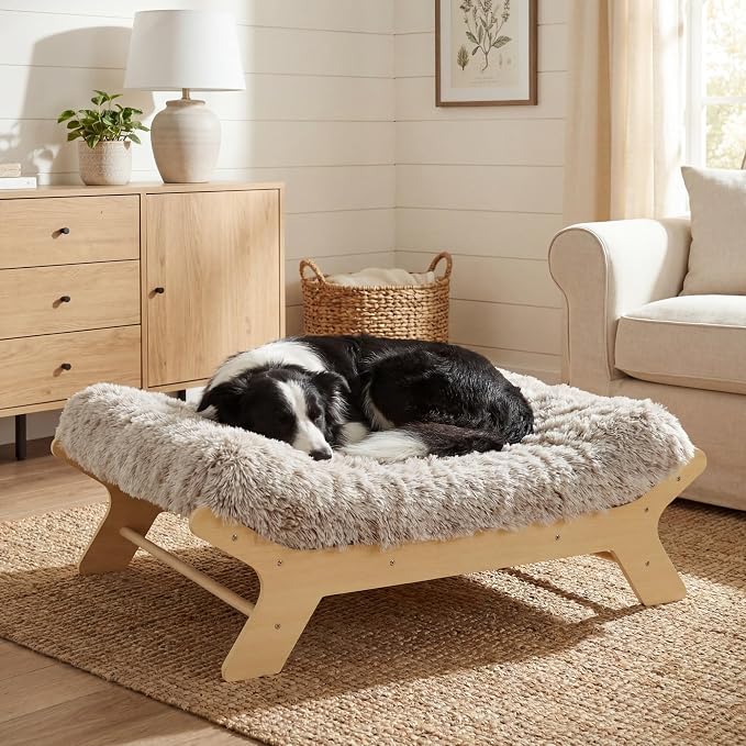 Elevated Wood Dog Bed Frame Mat Set, WoodPattern, Large | Raised Sturdy Attractive Dog Sofa Couch Furniture, 80 lb