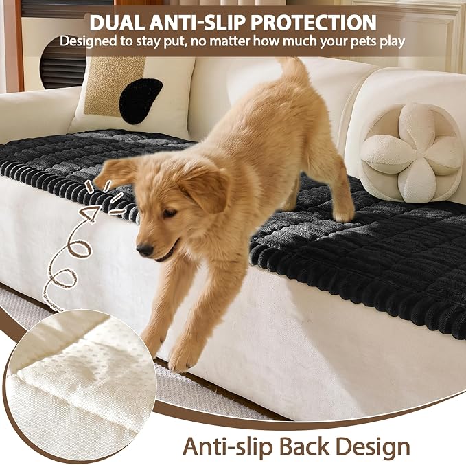 FUANGUI 2 Pack Waterproof Couch Cover for Dogs Pets Sofa Protector | Non-Slip Washable Fuzzy Soft Sofa Slipcover for 2 PCS L Shaped Sofa Pet Friendly, 27.6" x 70.9"+27.6" x 82.7", Black