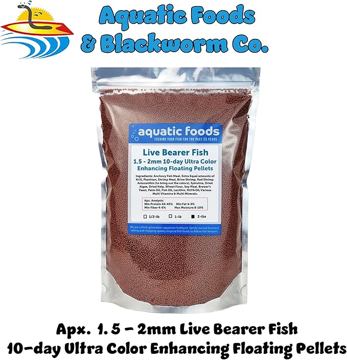 Aquatic Foods Inc. Live Bearer Ultra Red Color Enhancing 1.5mm-2mm Floating Pellets. Color Enhancing in 10-Days for Swordtails, Platies, All Live Bearers…2-lbs Bag