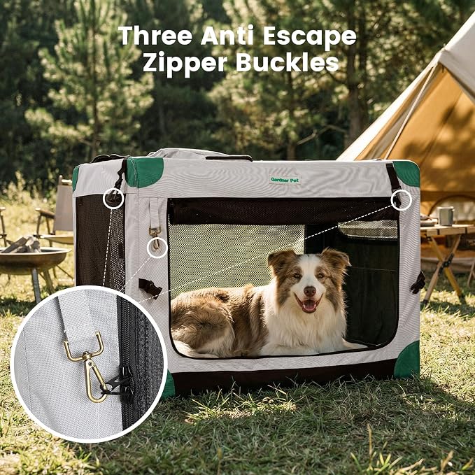 Gardner Pet Soft Collapsible Dog Crate - 36 Inch Portable Travel Dog Crate for Medium/Large Dogs Indoor & Outdoor, 3-Door Pet Crate with Durable Mesh Windows & Storage Bag, Grey