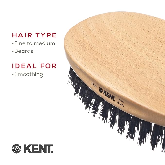 Kent PF22 Oval Black Military Brush - Boar and Nylon Bristle Mix for Men's Grooming, 360 Wave, and Facial Care. Made in England