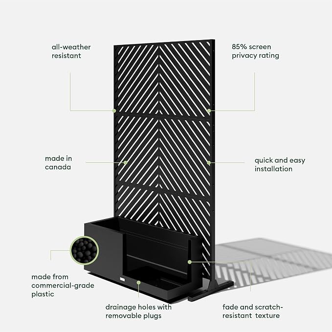 Veradek Block Series Long Box Planter + Arrow Privacy Screen Set, Black – Large Rectangular Outdoor Planter with Drainage & Modern Privacy Divider Panel for Patio, Deck, Balcony or Garden