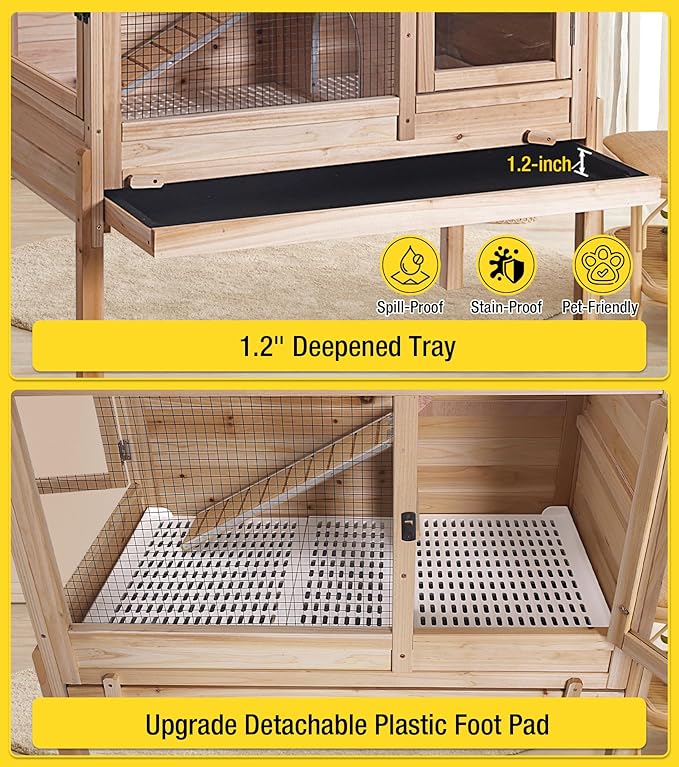 Aivituvin Guinea Pig Cages, Rabbit Hutch with Anti-Chew Frame, Bunny Cage with Deepened Pull-Out Tray, 3 Openable Areas, Assemblable Legs, Ramp & Hideout Included - Wooden