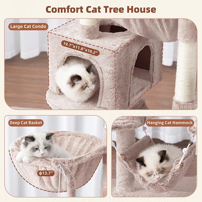 Gitelsnour Cat Tree, Cat Tower for Large Cats with 2 Big Platforms, 2 Baskets, condo and Toys, 63" Cat Scratching Posts for Indoor Cats, Muchroom GCT020MU