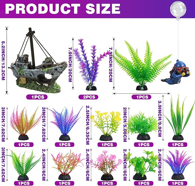 Ameliade Fish Tank Decor Set with Shipwreck Decoration, Little Diver Floating & 13 Aquatic Artificial Plants - Betta Plants & Hiding Spots for Aquariums and Small Fish Tank Accessories