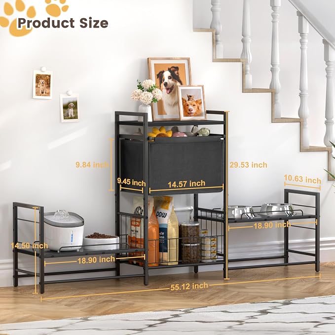 Elevated Dog Bowl Stand with 2 Feeding Stations, Adjustable Raised Feeding Station Cabinet with Toy Bin Basket, Lifted Food and Water Bowl Holder, Pet Storage Organizer for Large Medium Small Dogs