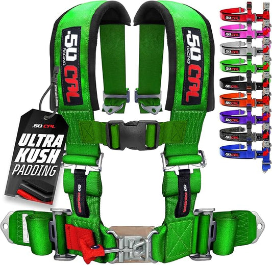 1pc 50 Cal Green 4 Point Harness 2 inch straps, Racing Harness Seat Belt | Ultra Kush padding, Push Button quick release hardware. Universal Fit for UTV, RZR, race car