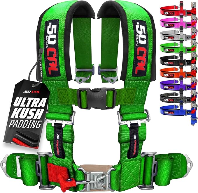 1pc 50 Cal Green 4 Point Harness 3 inch straps, Racing Harness Seat Belt | Ultra Kush padding, Push Button quick release hardware. Universal Fit for UTV, RZR, race car