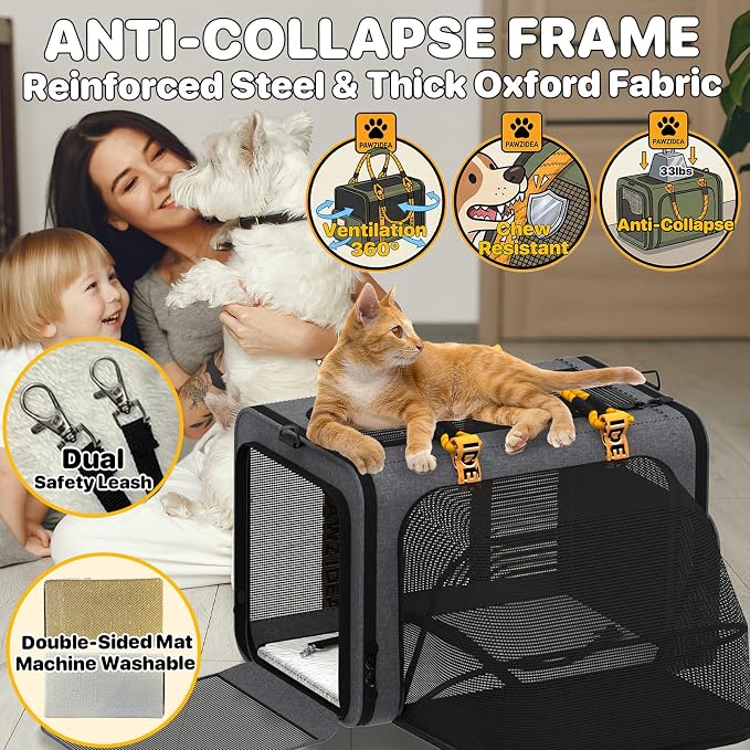 PAWZIDEA Expandable Large Pet Carrier, Soft-Sided 2–4 Cats Carrier Up 55lbs | 24"×16"×16" Collapsible Small to Medium Dog Carrier Travle Bag, Portable Dog Crate for Car Travel, Breathable, Storage Pocket