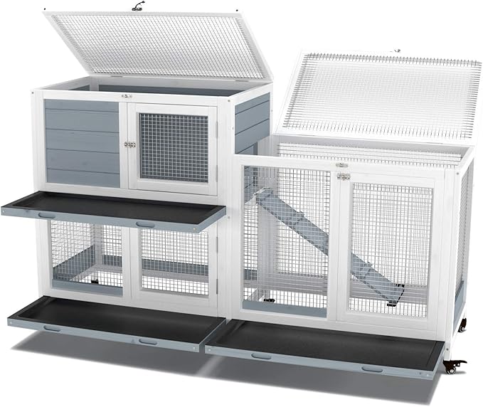 GDLF Two Floors 58" Wooden Indoor Bunny Hutch Rabbit Cage on Wheels Guinea Pig PET House for Small to Medium Animals Waterproof No Leak Tray