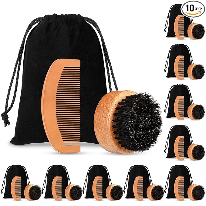 10 Sets Men's Beard Grooming Kit: Natural Boar Bristle Brush, Pear Wood Dual-Sided Wide Tooth Comb, Travel Pouch - Perfect Valentine Gift (Circle) | Natural Boar Bristle Brush, Pear Wood Dual -Sided Wide Tooth Comb, with Travel Pouch - Christmas Father...