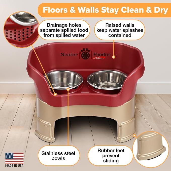 Neater Feeder Deluxe Mess-Proof Elevated Dog Bowls for Medium Dogs (19–40 lbs), 2 Height Adjustable (10” & 12.5”) No-Spill Raised Dog Bowl Stand, Stainless Steel Food Bowl Set, Made in USA, Cranberry