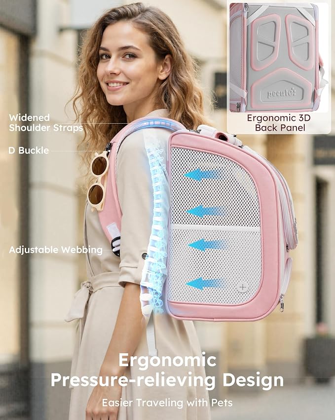 Pecute Cat Backpack Carrier,Large Space Cat Bubble Backpack,Ergonomic,Pink | Sunshade Curtain,Transparent Window,Safety Rope,Sturdy,Large Mesh on Both Sides for Breathability,Suitable for Outdoor,Vet