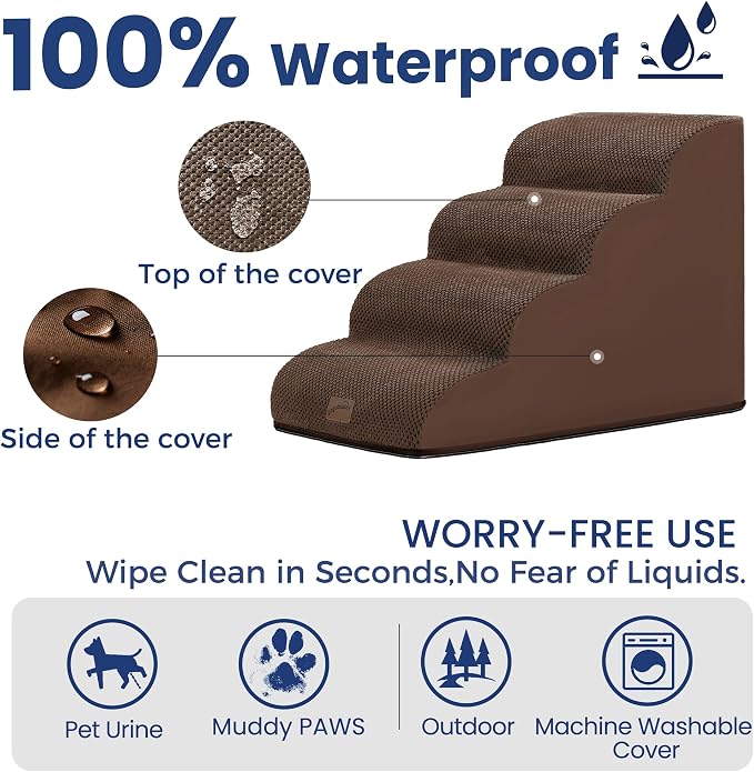 GoGoBunny Waterproof High Density Foam Curved Dog Stairs for High Beds Couches 19.7" H, 4-Step Ramp Dog Steps Friendly to Small Medium Dogs or Pets Joints, Non-Slip Balanced Durable Pet Step, Brown