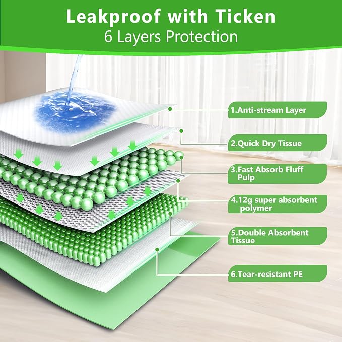 Gimars XL 6-Layer Ultra Absorbent 1200ml 48-Hour Leak-Proof Dog Pee Pads, Quick Dry Extra Large Puppy Pads for Puppy Training, Senior & Incontinent Dogs, Cats, Overnight Use, 30"x36", 30 Count Green