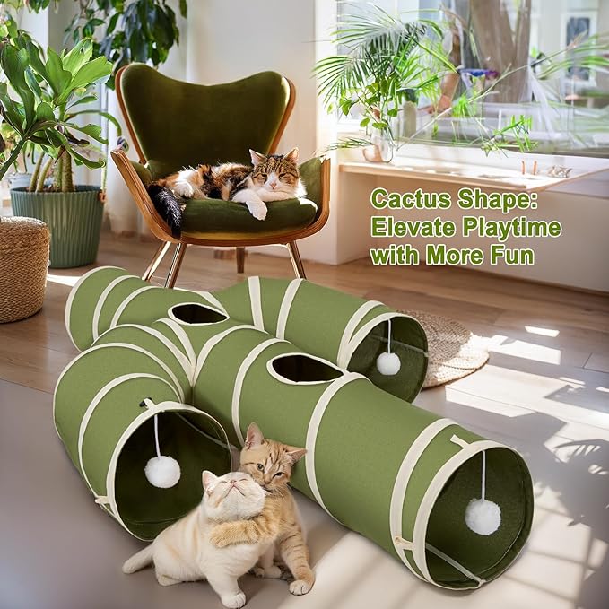 Ownpets Cactus Cat Tunnel 10" with Peek Holes for Indoor Large Cat, Green | Durable Oxford fabric, noise-free, foldable & connectable, multi-cat friendly, tube for cats up to 20lb, includes ball & wand