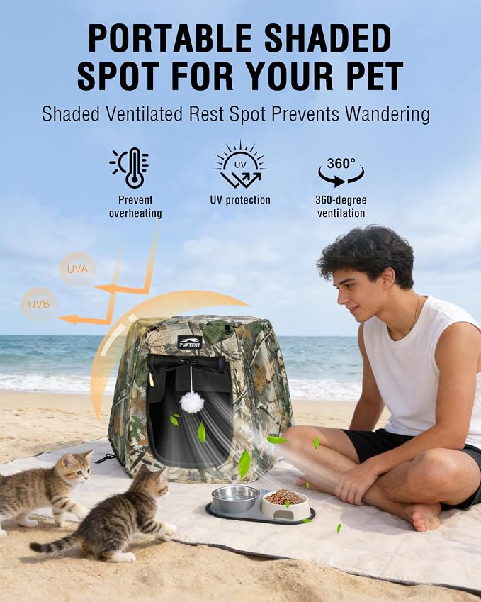 Portable Assembly-Free Cat Pop Up Tent, Ventilation Outdoor Indoor Cat House with Detachable Toy Ball, Sunshade Camping Pet Tent for Cats with Non-Slip Cushion Up to 15LB