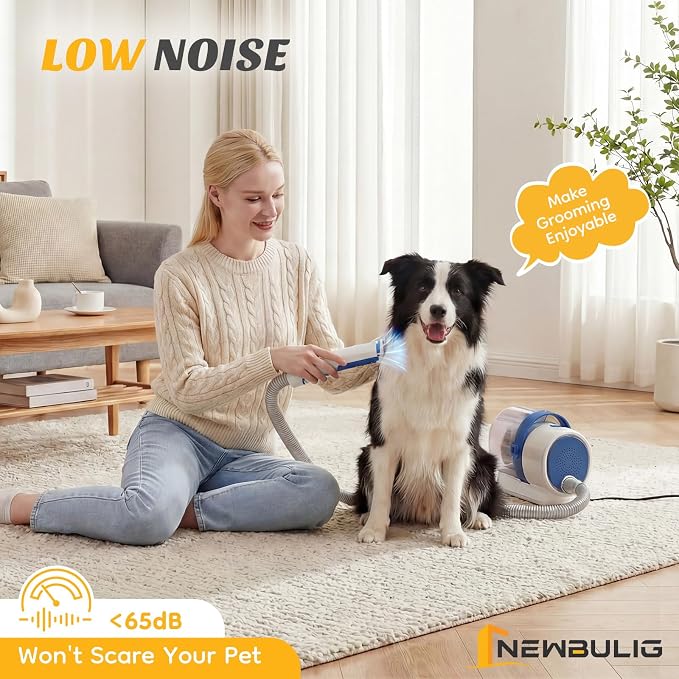 NEWBULIG Pet Grooming Vacuum Kit for Cats and Dogs, 2.5L Dust Cup | 3 Suction Modes and 5 Groomer Tools, Low Noise for Cats, Dogs Other Animals Hair Trimmer, White and Blue