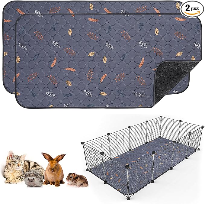 Sunheir 2 Pack Washable Guinea Pig Pee Pads, 24" x 48" Waterproof Reusable Guinea Pig Cage Liners, Absorbent Bedding Training Mat for Small Animal Guinea Pigs Rabbit Bunny Hamster (Leaves - Deep Grey) | Waterproof Super Absorbent Small Animal Mat for G...