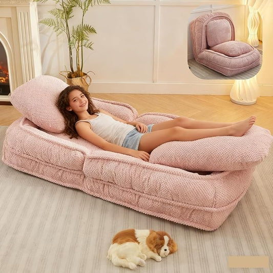 Foldable Lazy Sofa Bed with 5 Levels Adjustable Backrest, Pink | Comfy Upholstered Human Dog Bed for Adults and Pets, Lazy Floor Lounger with 2 Soft Cushions for Living Room Bedroom