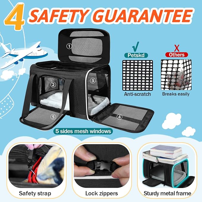 Top-Expandable Small Pet Carrier with Wheels Airline Approved | 18"x11"x11", for Delta/American/United Airlines, Lockable Safety Zippers and Anti-Scratch Mesh, Pets Under 10 Lbs, Black