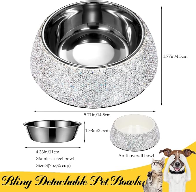 SlowVibes Bling Stainless Steel Dog Cat Bowl, Detachable, 7 oz | Rhinestone metal food or water bowl for small dogs and cats, rust-resistant non-slip puppy dish, sparkle pet essential
