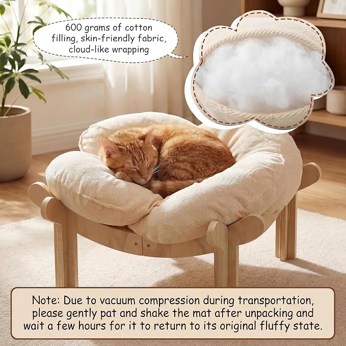 22x22x13 Inch Elevated Flower Cat Bed Wooden with Fluffy Cushion, Pet Couch Sofa for Indoor Cats, Raised Kitty Lounge Chair Suitable for Puppy, Cat Furniture Living Room Bedroom