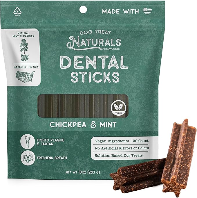 Dog Treat Naturals Chickpea & Mint Dental Sticks 10oz, 20ct | Dog Dental Chew Treats for Small, Medium, Large Dogs | Freshen Breath, Fight Plaque-Tartar | Natural Teeth Cleaning Treats | USA Made