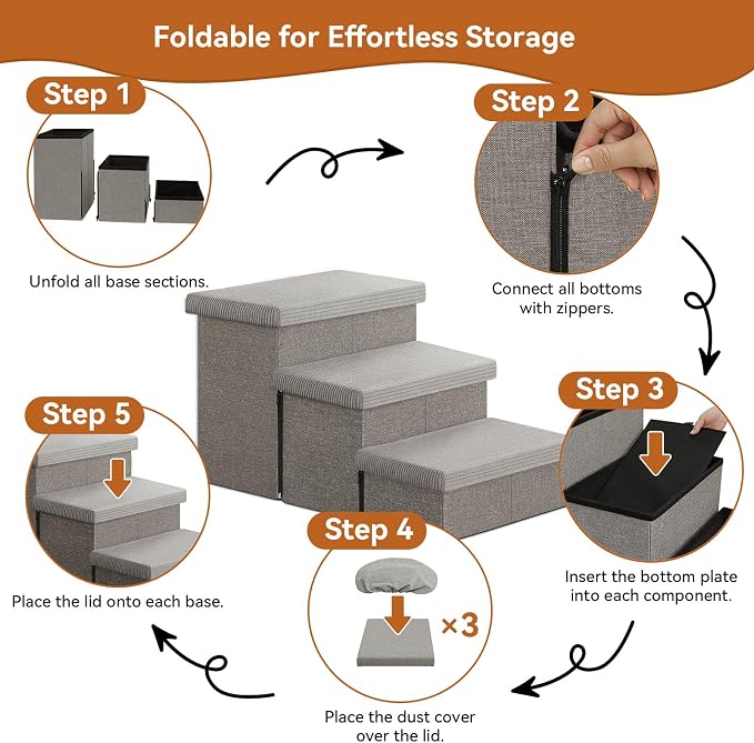 Zerbuger Dog Stairs with Storage, Grey Stripes Lids 3 Steps Ramp no Condo | 23" H Wider Dog Steps for High Beds Couch, Folding Storage Pet Stairs Gift for Climbing Small/Medium/Large Old Dogs Cats