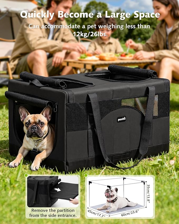 Pecute Cat Carrier, Soft Double Pet Crate for 2 Cats Travel, Dark Gray | 5mm Anti-collapse Frame, Convertible Dual Space, Foldable, Polyester Breathable mesh, Up to 26 lbs, Car Travel & Vet Visits