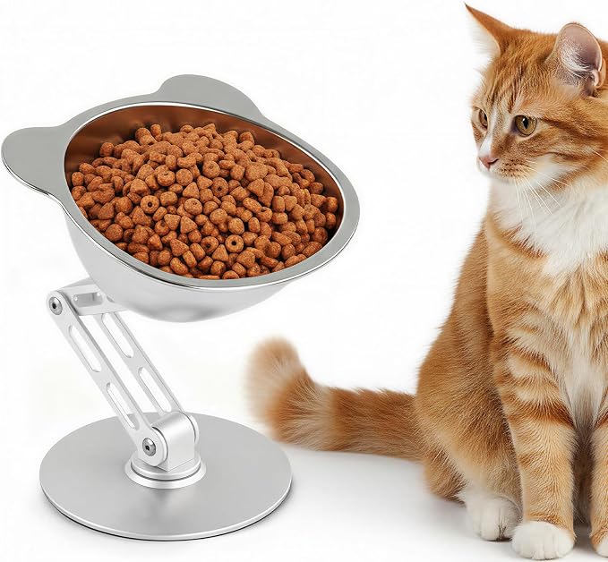 BEAVE NIUNIU Adjustable Elevated Cat Bowl Single Stand Tilted Feeder | 330ml Wide SS Bowl, 7.9in Max Height, Ergonomic Feeder for All Cats & Small Dogs