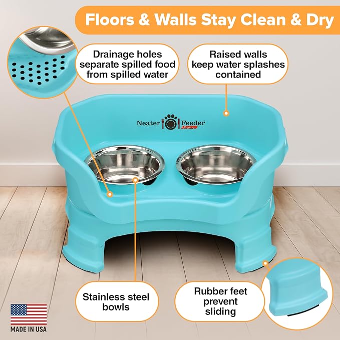 Neater Feeder Deluxe Mess-Proof Elevated Dog Bowls for Small Dogs (Up to 19 lbs), 2 Height Adjustable (6” & 7.5”) No-Spill Raised Dog Bowl Stand, Stainless Steel Food Bowl Set, Made in USA, Aquamarine