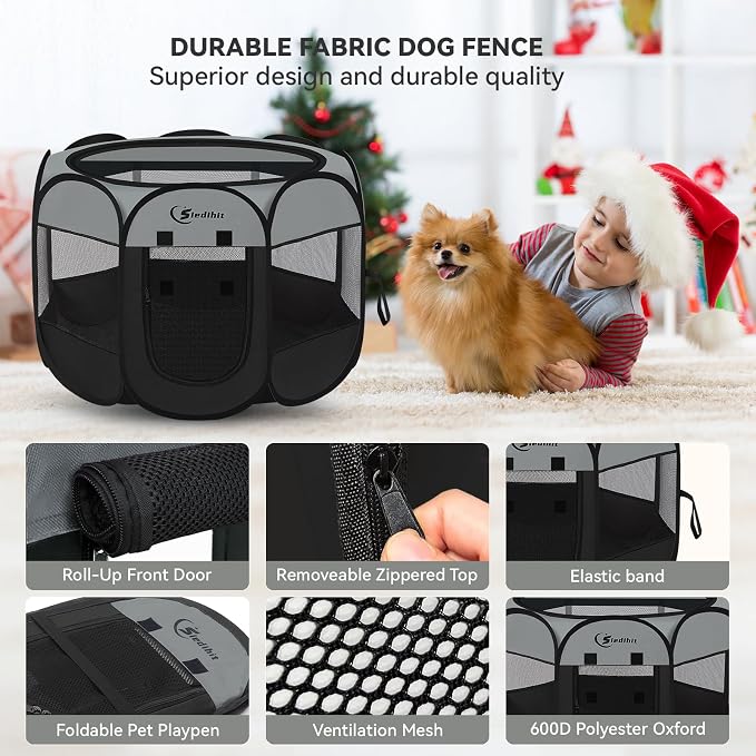 Siedihit Dog Cat Playpen, Puppy Pet Playpen Indoor for Dog Crate Tent | Cage Outdoor, Portable Pop Up Dogs Enclosure Kennel with Carrying Case for Dogs/Cats/Rabbits (Dark Grey, Medium)
