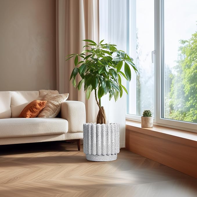 Ceramicfor Ceramic Planter, 12 Inch, Black and White | Indoor Plants, Drainage Hole, Fluted Round Design, Indoor & Outdoor Use