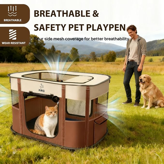 XRG Foldable Pet Playpen,Indoor Cat cage Puppy Crates M(31.5"x23.6"x21.7") | Portable Dog Crates with Upgrade Breathable Mesh，Sturdy Cat Kennel Indoor & Outdoor for Rabbit or Small Animals,Brown