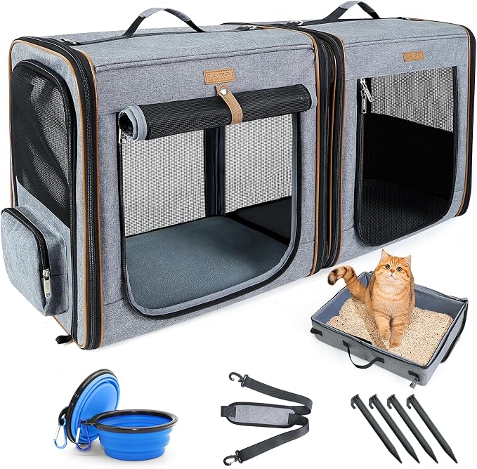 Lekereise Large Cat Carrier for 2 Cats, 2-in-1 Cat Travel Carrier with Litter Box, (17.7" x2) x16.5"x13" Pet Carrier with Zipper Locks for Moving Across The Country (No Hammock) - Grey