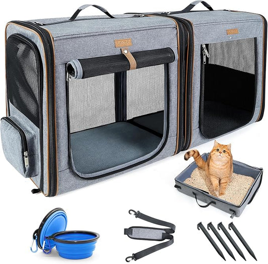 Lekereise Large Cat Carrier for 2 Cats, 2-in-1 Cat Travel Carrier with Litter Box, (17.7" x2) x16.5"x13" Pet Carrier with Zipper Locks for Moving Across The Country (No Hammock) - Grey