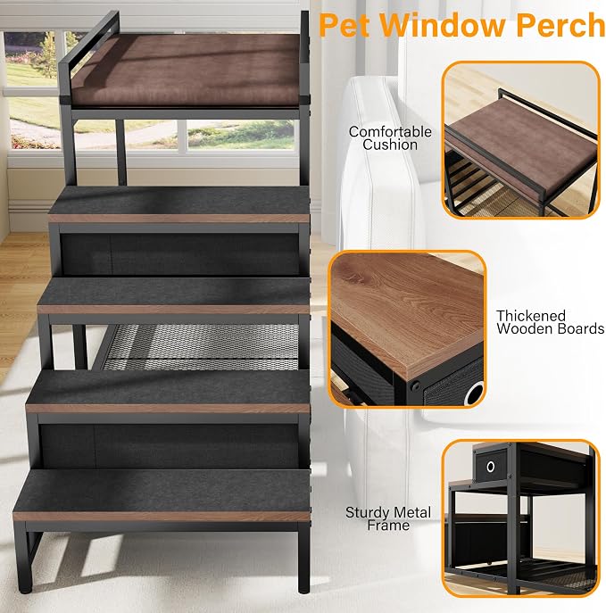 kepptory Dog/Cat Window Perch with Stairs and Seat Cushion, Pet Bunk Bed with Storage Drawers, Bedside Dogs Cot for Small, Medium Cats & Dogs, Pet Stairs Ramp(Brown)