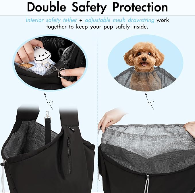 Dog Carrier Sling, Puppy Carrier Sling 20 lbs, Black | Dog Carriers for Small Dogs & Cats With Pockets, Machine Washable, Adjustable Shoulder Strap, Hands Free for Outdoor Use