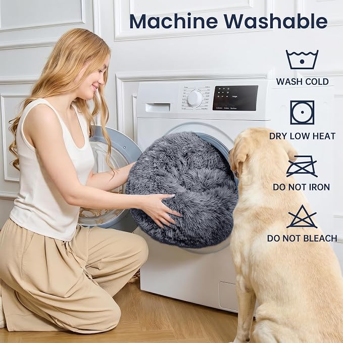 JOLLYVOGUE Calming Dog Beds Extra Large Sized Dog, 45in Donut Washable Large Pet Bed, Anti-Slip & Anti-Anxiety Fluffy Faux Fur Round Dogs Bed, Fits up to 125 lbs Pets (Smoke Black)