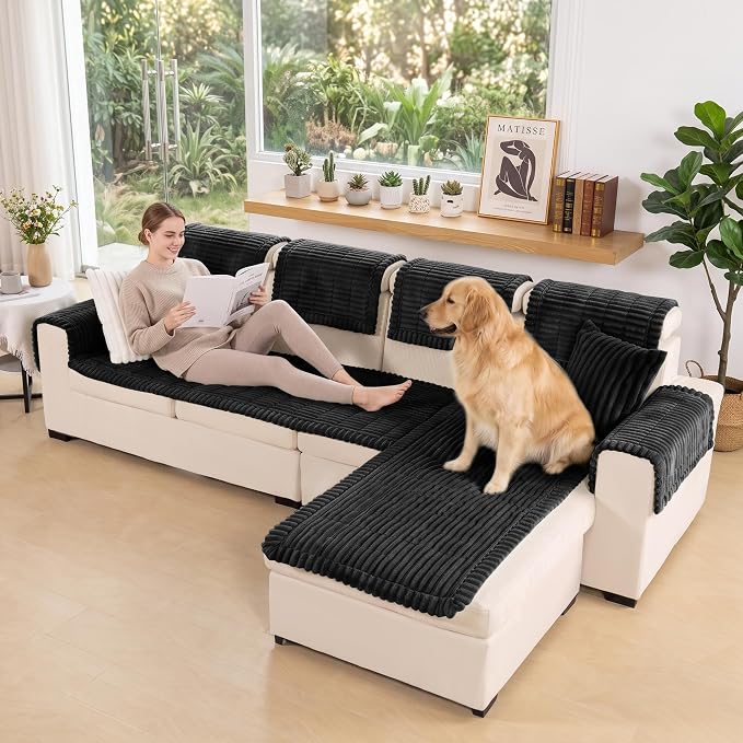 FUANGUI 2 Pack Waterproof Couch Cover for Dogs Pets Sofa Protector | Non-Slip Washable Fuzzy Soft Sofa Slipcover for 2 PCS L Shaped Sofa Pet Friendly, 27.6" x 59.1"+27.6" x 70.9", Black