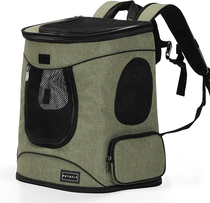 Petsfit Dog and Cat Backpack Carrier, Padded Waist Support, Up to 18 lb | 13.5 x 12.5 x 17.5 in; reinforced frame, 600D Oxford, 4 mesh panels, lockable zippers, safety tether and washable mat.