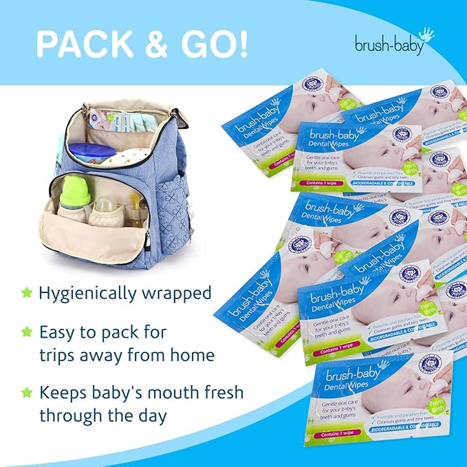 Brush Baby Teething Relief Dental Wipes for Ages 0-Toddler - Naturally Eliminate Teething Pain, Prevent Tooth Decay and Sour Milk Breath - 28 Finger Wipes (2-Pack)