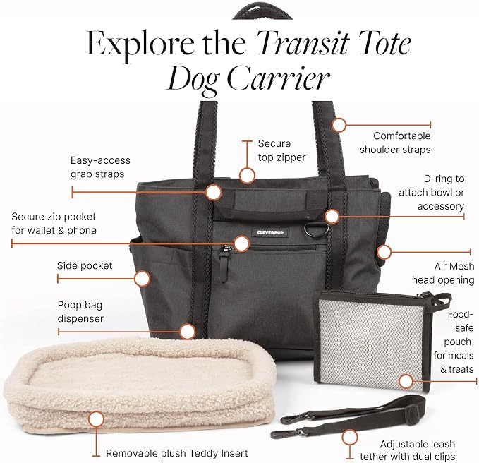 Transit Tote Dog Carrier for Small Dogs Under 8 lbs, 16x11x8 Soft-Sided 4-Pc Set with Waterproof Base, Plush Insert, Food Pouch, Mesh Head Opening - Small Graphite