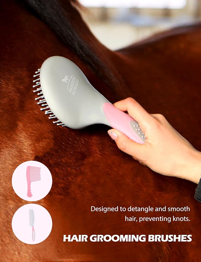 Harrison Howard Complete Horse Grooming Set, 11-Piece Advanced Daily Grooming Tools with Extra Brushes for Full Horse Care Pink Brushstroke Ponies