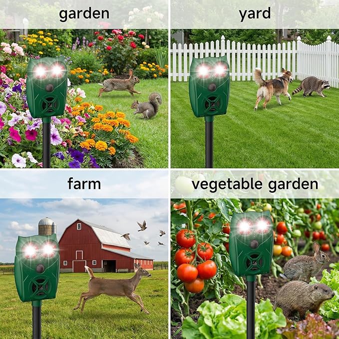 Solar-Powered Ultrasonic Animal Repellent with Motion Sensor, Waterproof Deer Repellent Device with LED Flashing Lights, Perfect for Outdoor Yards, Effective to Repel Deer, Coyotes, Raccoons, and Cats