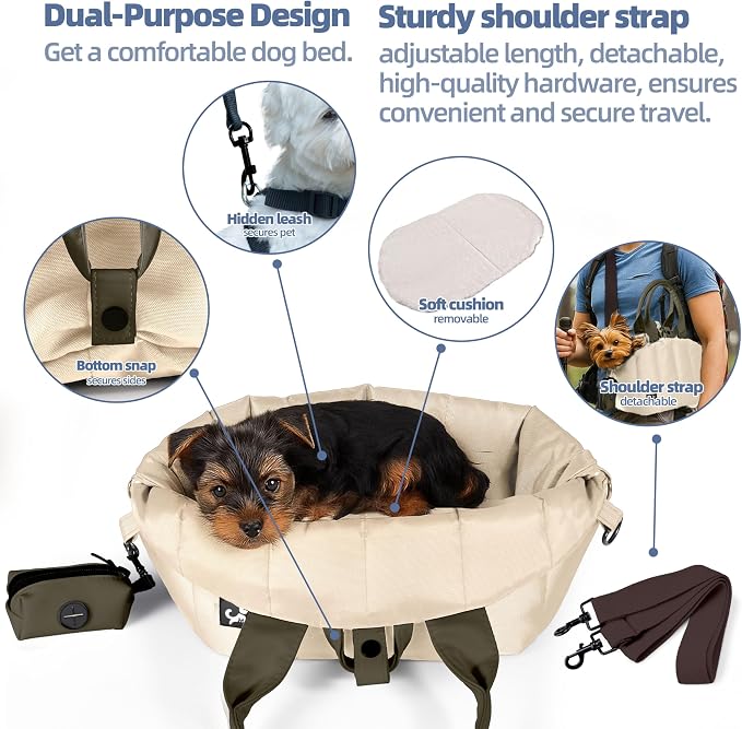 Small Dog Carrier Purse, Portable Pet Carrier Tote Carrier with Pockets, Adjustable Safety Leash, Waterproof Dog Travel Bag, Travel Pets Purse up to 4 Lbs, Cream Beige