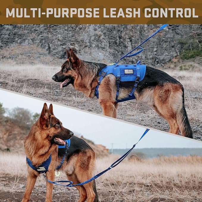 Forestpaw Tactical Dog Harness for Medium Dogs,Tactical Dog Collar with Bungee Leash Set,No Pull Military Dog Harness for Walking Training,Adjustable for Medium Dogs,Blue,Chest 22-35"