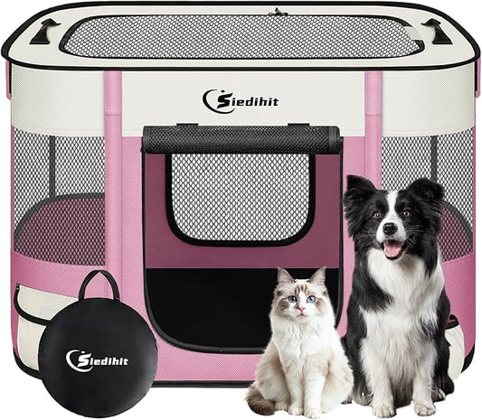 Siedihit Dog Playpen, Cat Pet Puppy Crate, Portable Playpens Indoor Outdoor (Pink, Medium)
